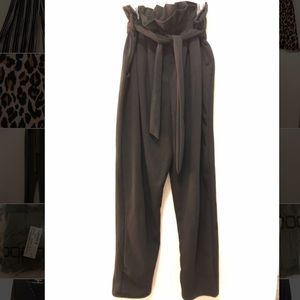 Black paper bag straight leg trousers with belt